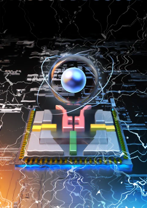 An electron (represented by the ball) is controlled by a resonator (red wires) above a solid neon surface (the transparent square piece under the ball). Noise (disturbances) in the environment (represented by the distortion) becomes quiet around the electron and neon (clear area). Image by Xu Han/Argonne National Laboratory.