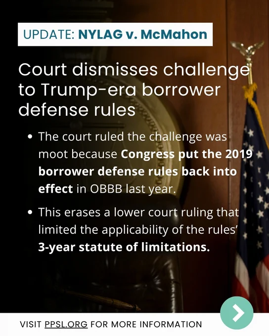 Update: NYLAG v. McMahon 

Court dismisses challenge to Trump-era borrower defense rules 

The court ruled the challenge was moot because Congress put the borrower defense rules back into effect in OBBB last year.   

This erases a lower court ruling that limited the applicability of the rules’ 3-year statute of limitations. 