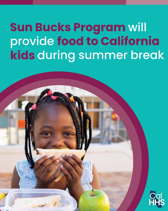 A child enjoying a sandwich is smiling at the camera. In the background, the text reads: "Sun Bucks Program will provide food to California kids during summer break." The CalHHS logo is displayed in the lower-right corner.