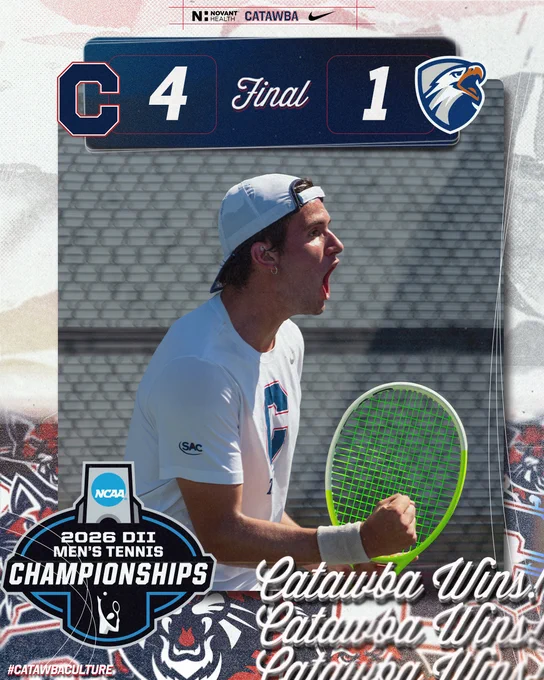 Graphic depicting Catawba Men's Tennis' 4-1 win over UT Tyler to advance to the national semifinal. Pictured is Luca Bergonzi celebrating.