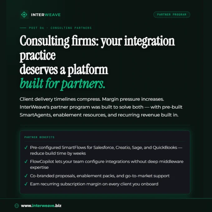 Consulting firms: your integration practice deserves a platform built for partners.
Client delivery timelines compress. Margin pressure increases. InterWeave's partner program was built to solve both — with pre-built SmartAgents, enablement resources, and recurring revenue built in.
🌐Learn more: www.interweave.biz