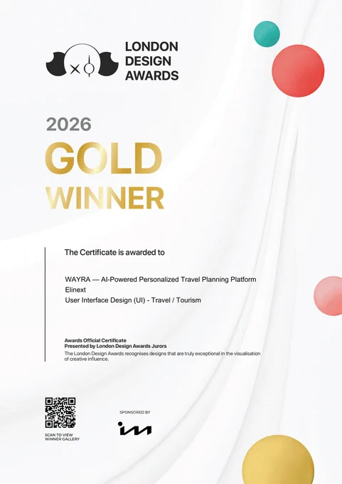 Elinext becoming a Gold Winner at the London Design Awards for an AI-Powered Personalized Travel Planning Platform