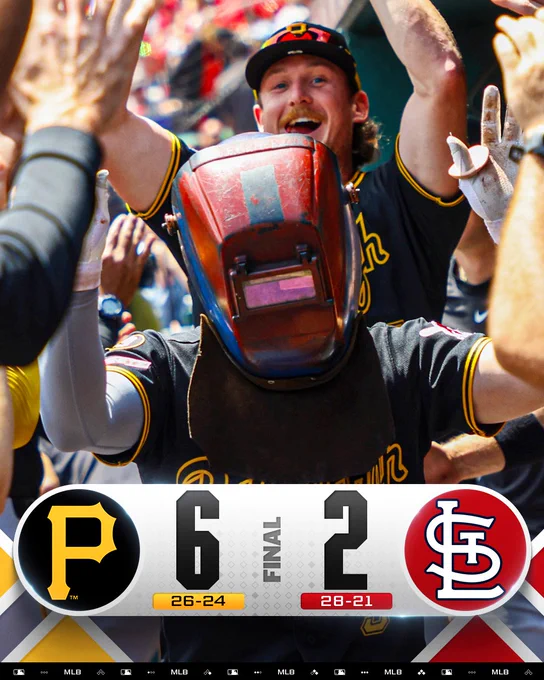 Final Score Graphic 5/21/26
Pittsburgh Pirates 6 (26-24) - St. Louis Cardinals 2 (28-21)
Pictured: Brandon Lowe celebrates in the dugout after a home run. He wears a red welders mask and a black Pittsburgh uniform.