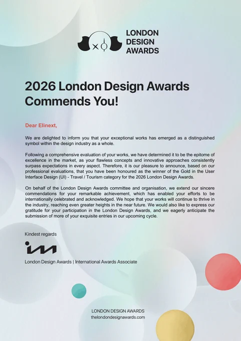 Elinext becoming a Gold Winner at the London Design Awards for an AI-Powered Personalized Travel Planning Platform 1