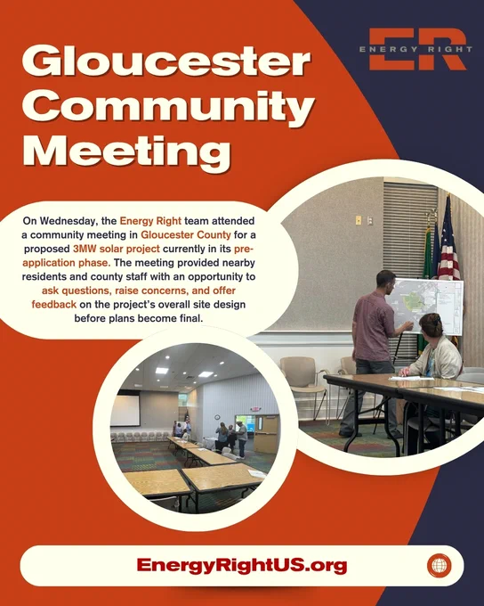 Poster for a community meeting about a solar project in Gloucester County, showing meeting details and images of attendees engaged in discussion.