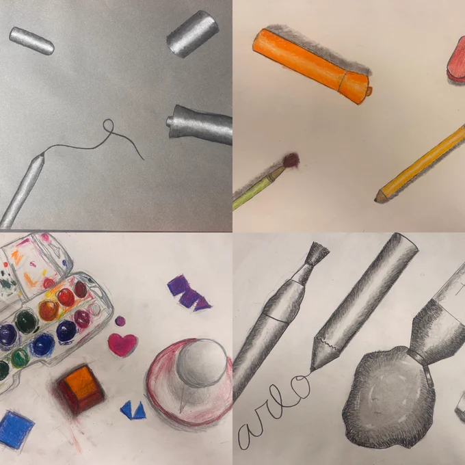 An arrangement of drawings art supplies including pencils, paints, and paintbrushes