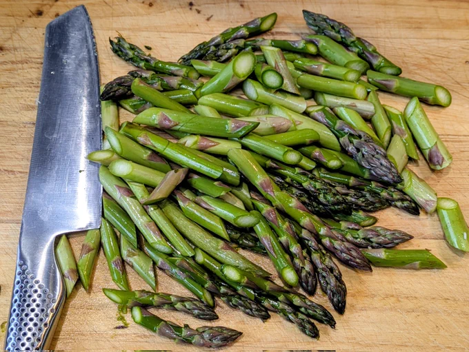Asparagus cut at an angle to match the penne pasta. 