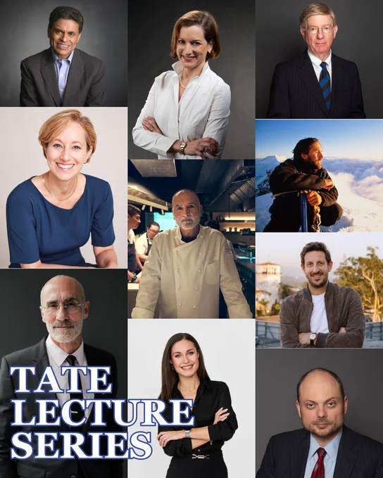 Collage of the nine speakers for the 2026–2027 Tate Lecture Series at SMU, shown in a grid of professional portrait photographs. The speakers are pictured in a mix of formal and business-casual attire, each posed in a studio-style headshot.