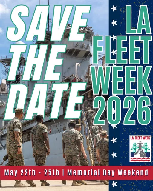 Event graphic featuring soldiers ascending onto a gray naval vessel, with prominent lettering “Save the Date” and “LA Fleet Week 2026,” plus a banner noting May 22–25, Memorial Day weekend.
