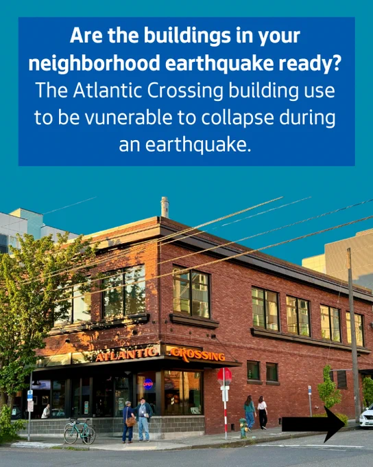 A two-story brick building labeled "ATLANTIC CROSSING" is situated at a street corner. A blue sign above reads, "Are the buildings in your neighborhood earthquake-ready? The Atlantic Crossing building used to be vulnerable to collapse during an earthquake." 