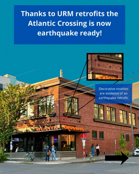 Full color image of the retrofitted Atlantic Crossing Building with a zoom in of the decorative rosettes, small steel plates, on the exterior of the building, evidence of an earthquake retrofit. Title text reads “Thanks to URM retrofits, the Atlantic Crossing is now earthquake ready!”. 