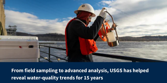 Following recent rainfall, USGS hydrotech collects a storm sample from the Susquehanna River at Conowingo, MD. Photo by David Fisher, USGS.  