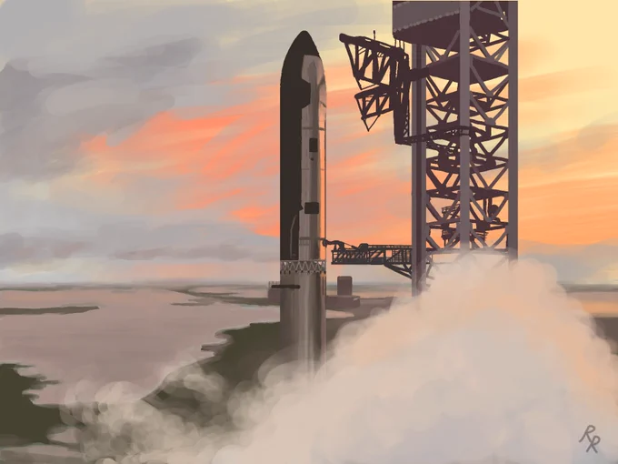 The SpaceX Starship rocket stacked next to its launch tower, as the sun low in the sky illuminates it in orange light. Clouds condensation form around the lower part of the rocket.