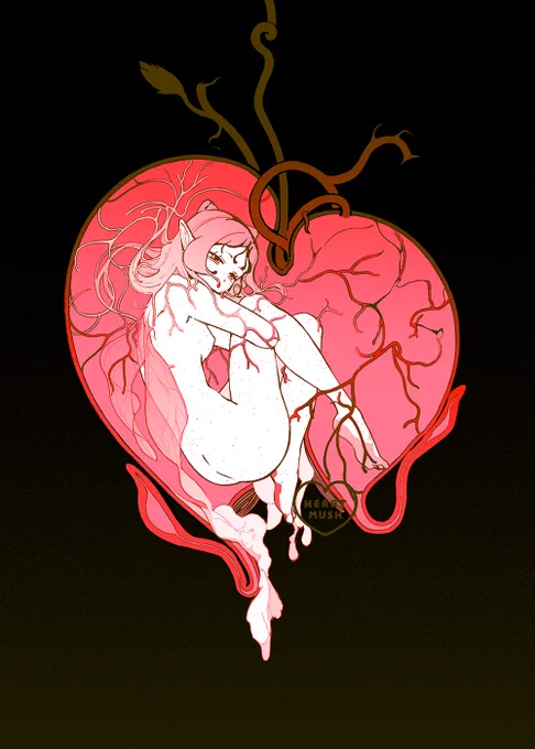 Velvet (she/her, it/its)

A bleeding heart flower containing a faerie-like girl curled up in in fetal position. Her wings are misshapen; when her cocoon ruptures, she will be unable to fly.

The shape of the bleeding heart flower has been manipulated to parallel that of an anatomical heart.