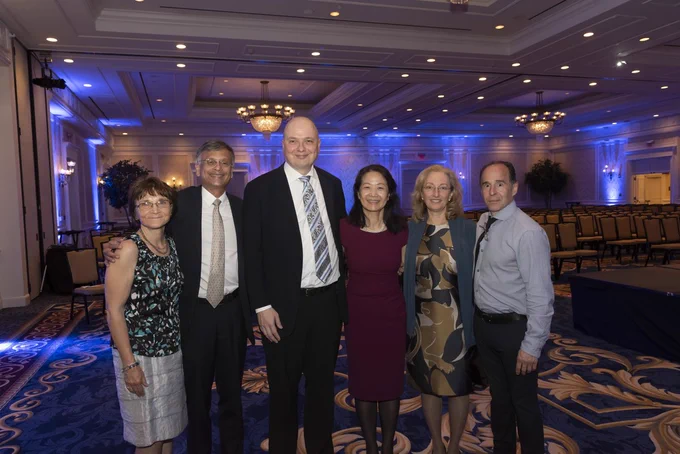 A posed photo with Dr. and Mrs. Joseph Mathew, immediate past chair of Duke Anesthesiology, Dr. and Mrs. Sven-Eric Jordt, and Dr. Miriam Treggiari, vice chair for research (with her spouse).