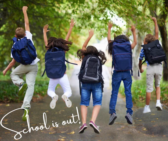 Photo of the back of a group of kids. They are wearing backpacks and jumping in the air. The text says, "School is Out."