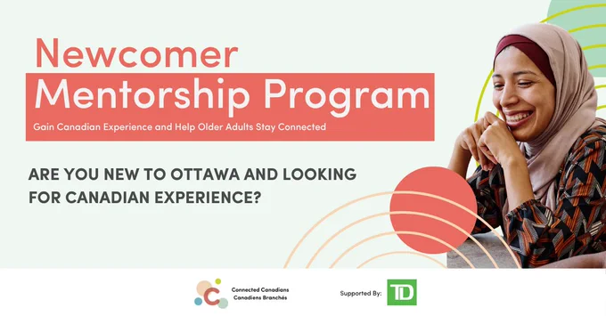 A smiling woman sitting at a table with a laptop. She is engaged and confident. Text overlay reads: Newcomer Mentorship Program -- Gain Canadian Experience.