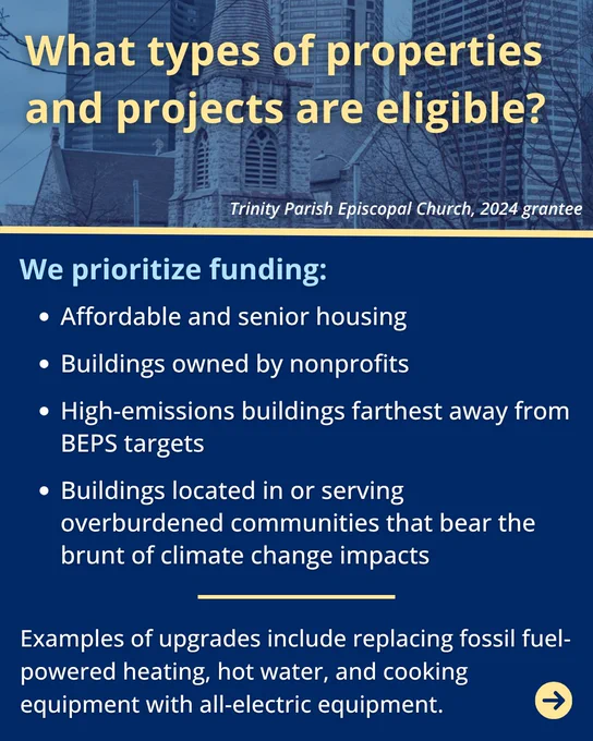 Church building banner. Texts reads "What types of properties and projects are eligible? We prioritize funding: Affordable and senior housing. Buildings owned by nonprofits. High-emissions buildings farthest away from BEPS targets. Buildings located in or serving overburdened communities that bear the brunt of climate change impacts. Examples of upgrades include replacing fossil fuel-powered heating, hot water, and cooking equipment with all-electric equipment."