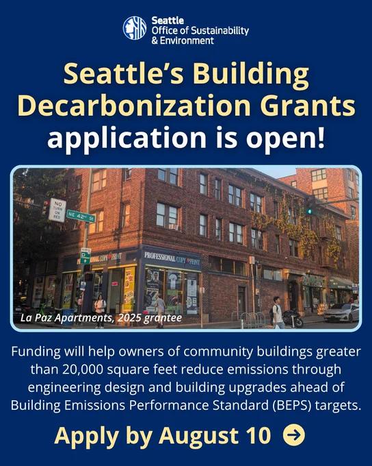 Brick apartment building on a city corner with a announcement for Seattle’s Building Decarbonization Grants. Text reads"Seattle’s Building Decarbonization Grants application is open! Funding will help owners of community buildings greater than 20,000 square feet reduce emissions through engineering design and building upgrades ahead of Building Emissions Performance Standard (BEPS) targets. Apply by August 1"