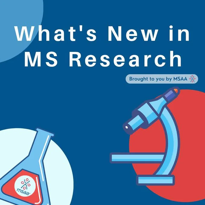 against a blue background are graphics depicting a beaker and microscope with text reading "whats new in MS research"
