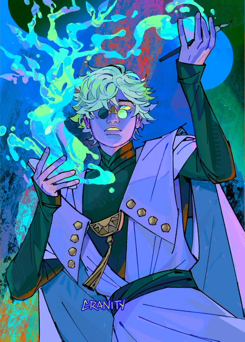 An illustration of Qifrey from Witch Hat Atelier. We see him from the waist up in his full robes sans his hat. In his right hand he holds a piece of circular paper up near his collar bone. His left arm is bent up so that his left hand is held up above his head. This hand also holds his wand lightly on his open palm. A water spell connects the piece of paper up towards his open palm. The spell is in the shape of a tree, twisting up beside Qifrey's face and above his head as it spreads towards his other hand, watery leaves beginning to bloom on the branches. Qifrey is looking up, head tilted slightly back. His expression is ever so slightly conflicted. 
