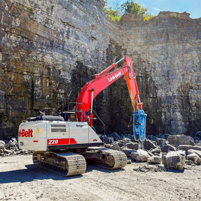 Link-Belt 220 X4S excavator with a hammer for Hoover Materials in Old Hickory, TN. Submit pictures at https://bit.ly/linkbelt2027.