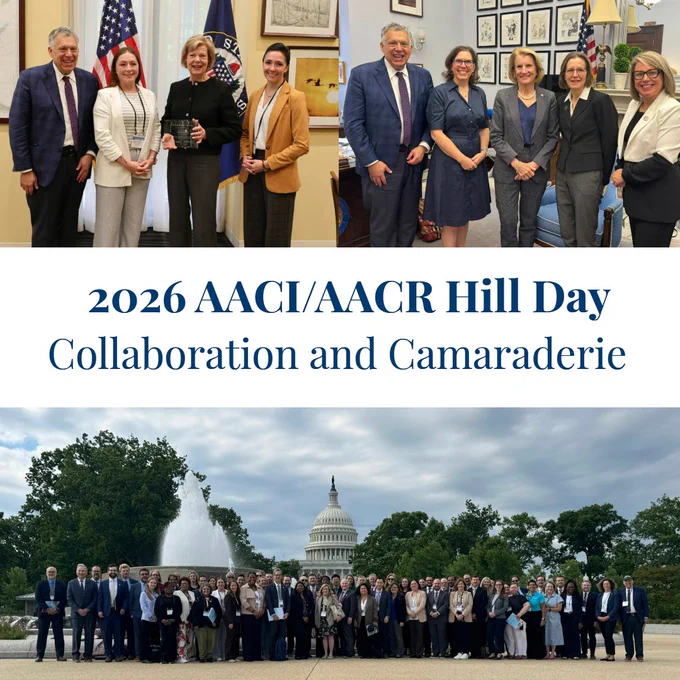 A collage of professionally dressed men and women in government offices and in front of the U.S. Capitol. Text in the center reads: 2026 AACI/AACR Hill Day. Collaboration and Camaraderie.