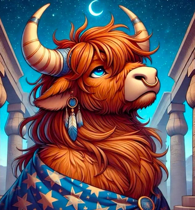A mystical highland cow adorned with a blue starry cloak and feathered earrings stands under a crescent moon among ancient pillars. The illustration evokes a sense of fantasy and wonder.