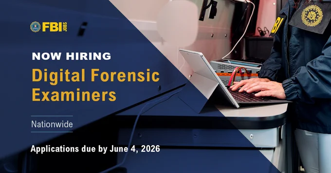 Person in an FBI jacket working on a laptop in a mobile command unit. Now Hiring. Digital Forensic Examiners. Nationwide. Applications due by June 4, 2026. FBI Jobs logo.