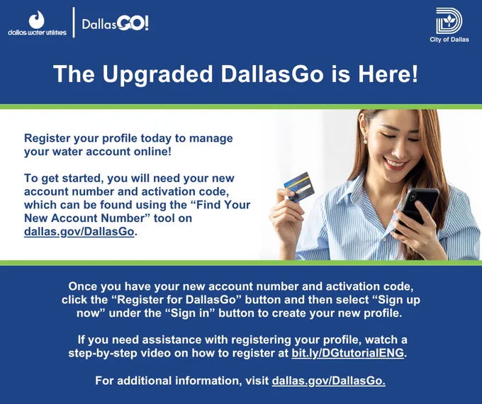 Image of a smiling woman holding a credit card and looking at her phone. Heading: The Upgraded DallasGo is Here!