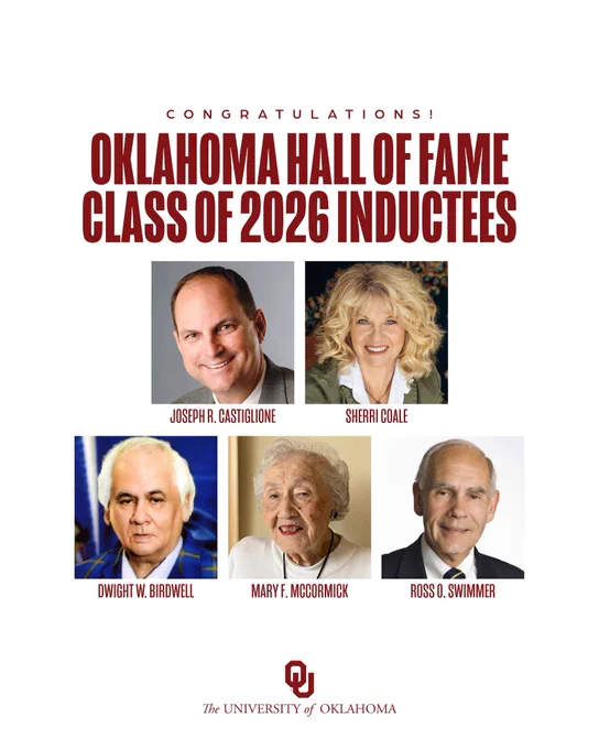 Poster from the University of Oklahoma announcing “Congratulations! Oklahoma Hall of Fame Class of 2026 Inductees.” It features five portrait photos with names below each: Joseph R. Castiglione (top left), Sherri Coale (top right), Dwight W. Birdwell (bottom left), Mary F. McCormick (bottom center), and Ross O. Swimmer (bottom right). The University of Oklahoma logo appears at the bottom.