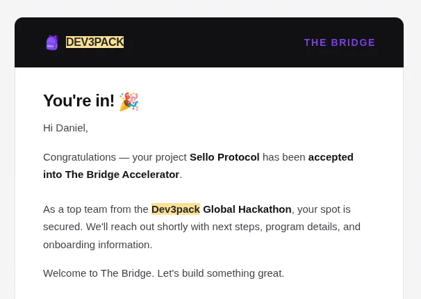 Correo de Sello Protocol siendo aceptado en la aceleradora de Dev3Pack