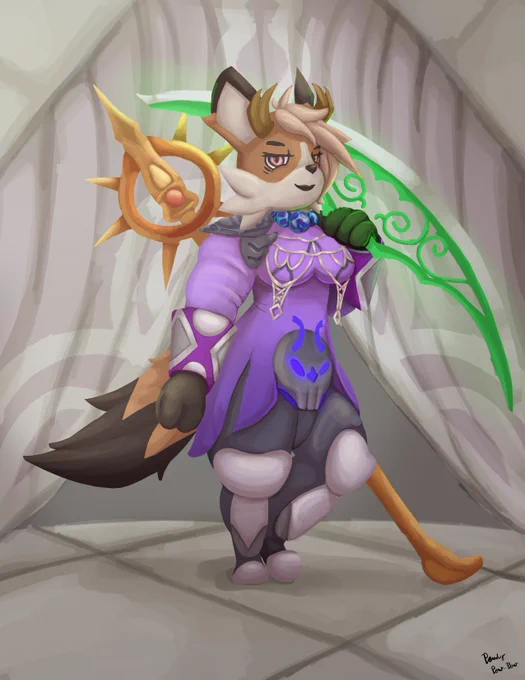 A Brown Poon from the videogame Atlyss wearing a purple outfit with a glowing green bow and a holy spear