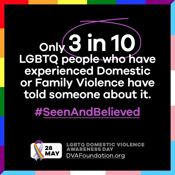 Black background graphic with rainbow border. White text reads, “Only 3 in 10 LGBTQ people who have experienced Domestic or Family Violence have told someone about it.” Purple text says “#SeenAndBelieved.” Bottom corner shows “28 May LGBTQ Domestic Violence Awareness Day.” 