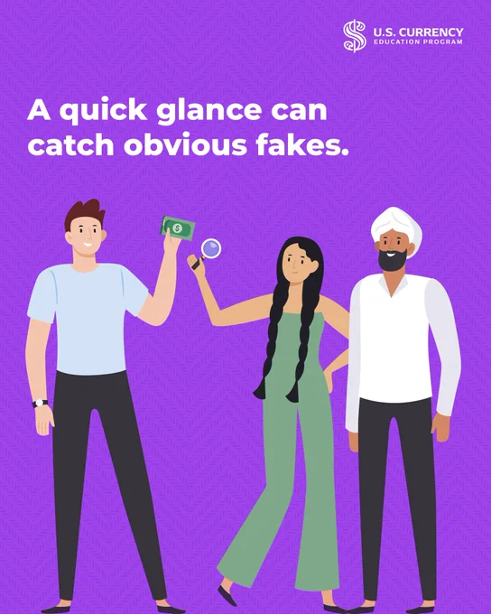 Three people with text reading "a quick glance can catch obvious fakes"