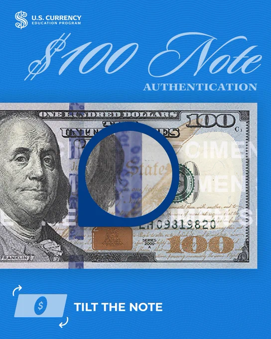 Image of $100 note with zoom in on 3-D security ribbon