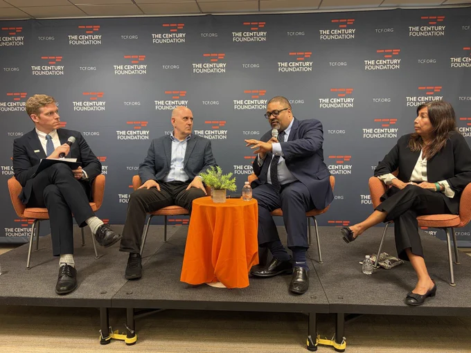 Photo of Winston Berkman-Breen and Lorelei Salas of Protect Borrowers and TCF, CM Harvey Epstein, DA Alvin Bragg, at #AffordableNYCNow event