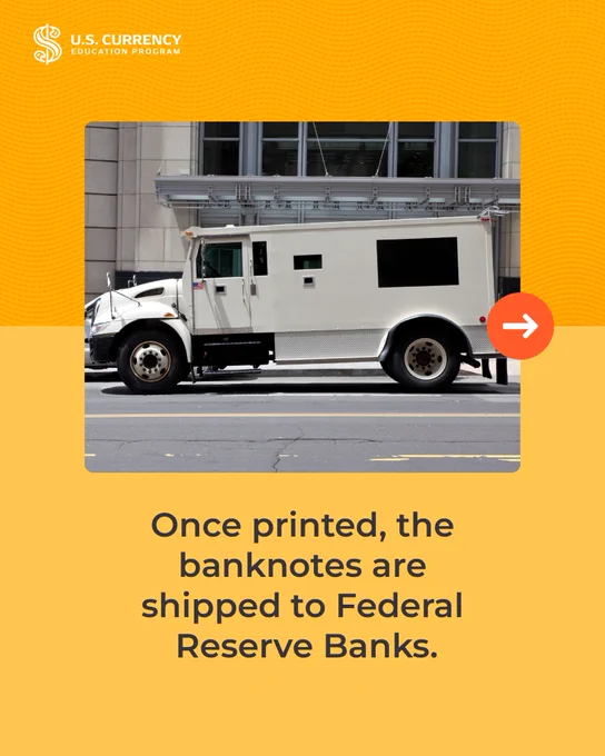 Image of armored carrier reading "once printed the banknotes are shipped to Federal Reserve Banks."
