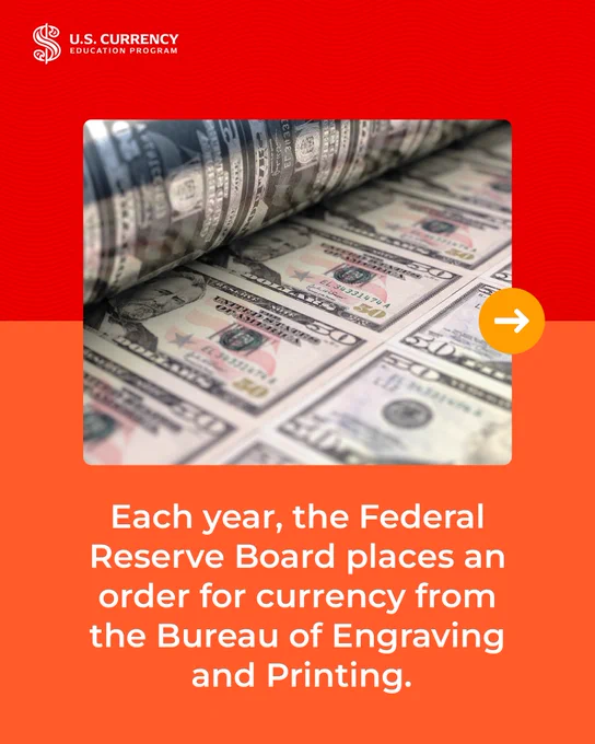 Image of cash reading "Each year, the Federal Reserve Board places an order for currency from the Bureau of Engraving and Printing"