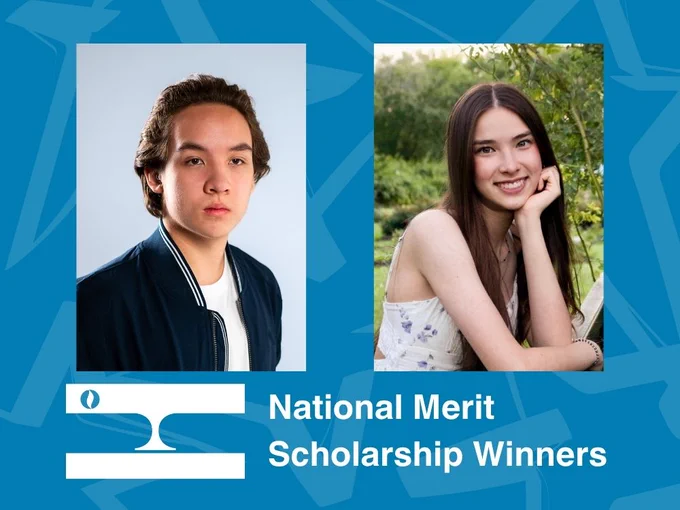 Senior photos of Alexander Krotz and Jamie Keenan with text that reads National Merit Scholarship Winners.