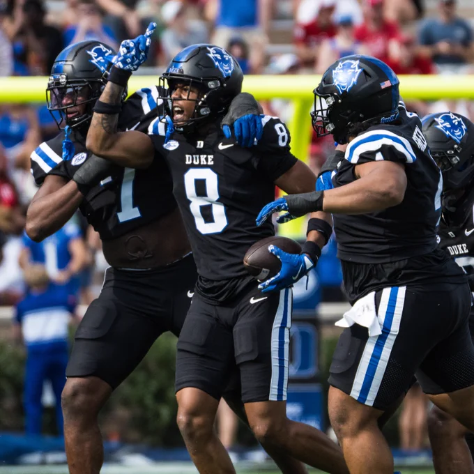 Duke safety DaShawn Stone celebrates an interception against NC State in 2025. 