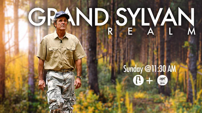 A person in outdoor attire stands in a sunlit forest with tall trees and a grassy path. The text "Grand Sylvan Realm" is displayed prominently at the top. The words "Sunday @ 11:30 AM" appear on the right, alongside logos for PBS and APT.