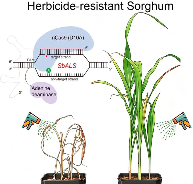 Diagram describing details of and process stages for an adenine base-editing system established to precisely modify the sorghum SbALS gene and generate transgene-free mutant plants. These plants exhibit strong herbicide resistance, with no significant differences in agronomic traits, providing valuable germplasm for herbicide-resistance breeding in sorghum.