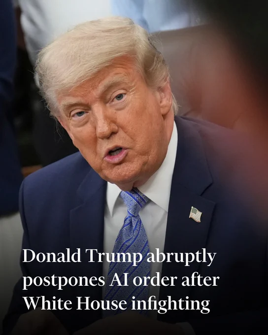 President Donald Trump speaks during an event at the White House. Text on image reads: Donald Trump abruptly postpones AI order after White House infighting (Credit: Jacquelyn Martin/AP)
