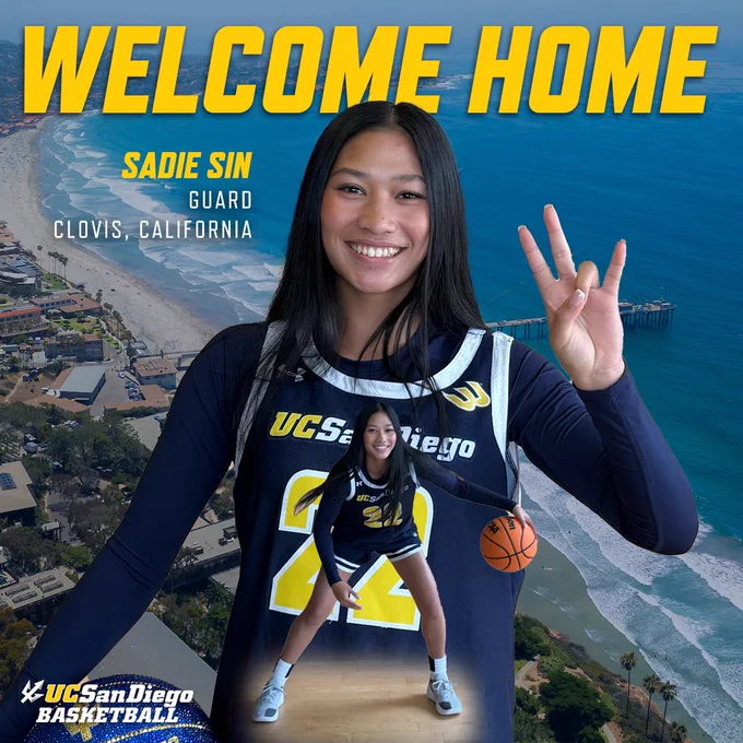 Promotional graphic for UC San Diego Tritons women’s basketball welcoming new player Sadie Sin. A smiling young woman wears a navy UC San Diego basketball jersey with the number 24 and holds up a hand sign while standing in front of an aerial ocean and beach background. Large yellow text at the top reads “WELCOME HOME.” Smaller text identifies her as “Sadie Sin,” a guard from Clovis, California. An additional full-body action photo of her dribbling a basketball is layered in front of the jersey. The UC San Diego Basketball logo is displayed in the bottom left corner.
