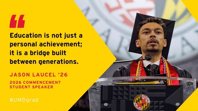 A graphic featuring Jason Laucel speaking at a commencement podium. On the left, a quote is written over a bold yellow background: “Education is not just a personal achievement; it is a bridge built between generations.”