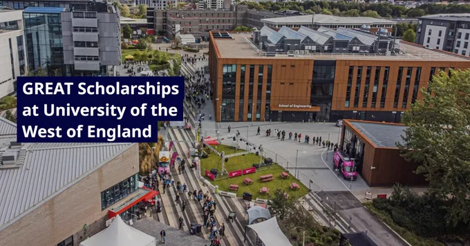 University of the West of England campus showing busy pedestrian areas and contemporary architecture under clear skies.