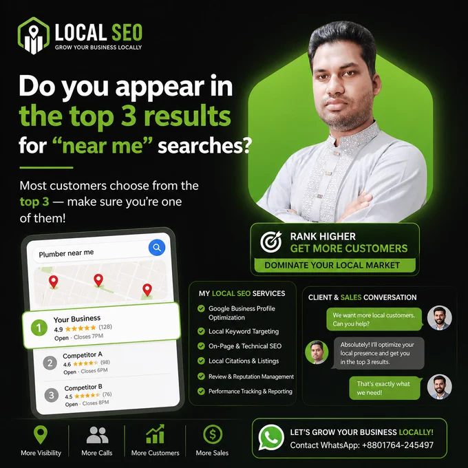 Do you appear in the top 3 results for “near me” searches? 📍

When customers search for services nearby, they usually choose from the top 3 businesses they see on Google Maps. If your business is not showing there, you may be losing calls, messages, and real customers every single day.

Think about it…
👉 Why are competitors getting more leads?
👉 How many local customers are finding other businesses instead of yours?
👉 What happens when people search “best service near me” in your area?

Your Google Business Profile, Local SEO, reviews, citations, and website optimization all work together to improve visibility and trust. When optimized correctly, your business can appear where customers are already searching.

💡 More visibility = More conversations
💡 More trust = More conversions
💡 Better rankings = More sales opportunities

A strong local presence helps customers:
✔ Find your business faster
✔ Trust your services instantly
✔ Contact you directly from Google
✔ Choose you over ..