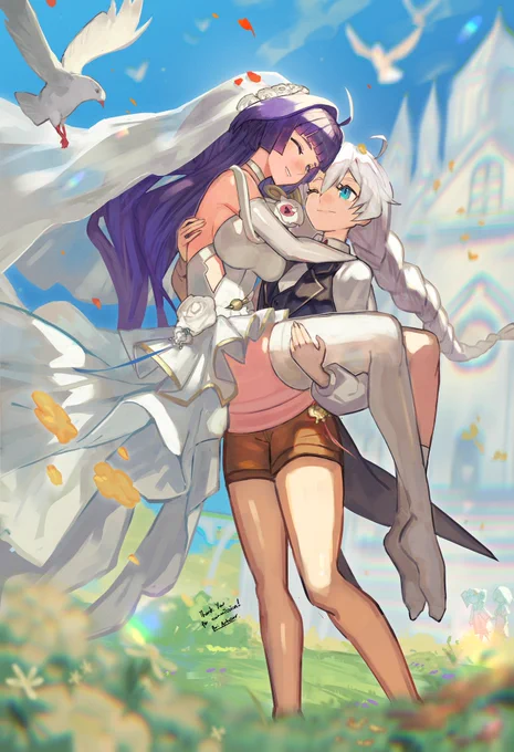 Honkai Impact 3rd wedding illustration featuring Kiana Kaslana and Raiden Mei. kiana (wearing a tuxedo and shorts) has mei (wearing a wedding dress) held up in a princess carry. behind them is the St. Freya cathedral, bronya zaychik, and seele vollerei.