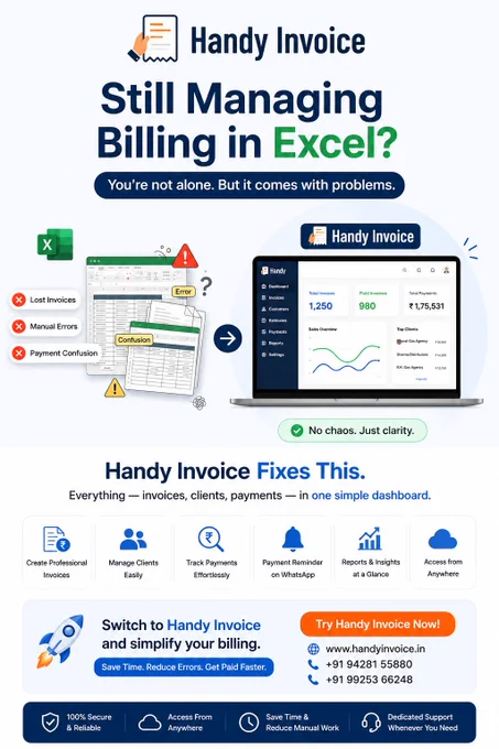 Still managing billing in Excel? 😓
You’re not alone… but it often leads to:

❌ Lost invoices
❌ Manual calculation mistakes
❌ Payment confusion & missing records

Switch to Handy Invoice and simplify your business operations 🚀

✅ Fast & professional billing
✅ Easy payment tracking
✅ Secure cloud backup
✅ Stock & customer management
✅ Mobile-friendly access anytime, anywhere

Stop wasting time on spreadsheets.
Start managing your business smarter with Handy Invoice 💼


#HandyInvoice #BillingSoftware #InvoiceSoftware #ExcelToAutomation #BusinessSoftware #CloudBilling #GSTBilling #EInvoice #BusinessAutomation #DigitalBusiness #BillingSolution #SmallBusinessIndia #AhmedabadBusiness #InventoryManagement #AccountingSoftware #InvoiceManagement #BusinessGrowth